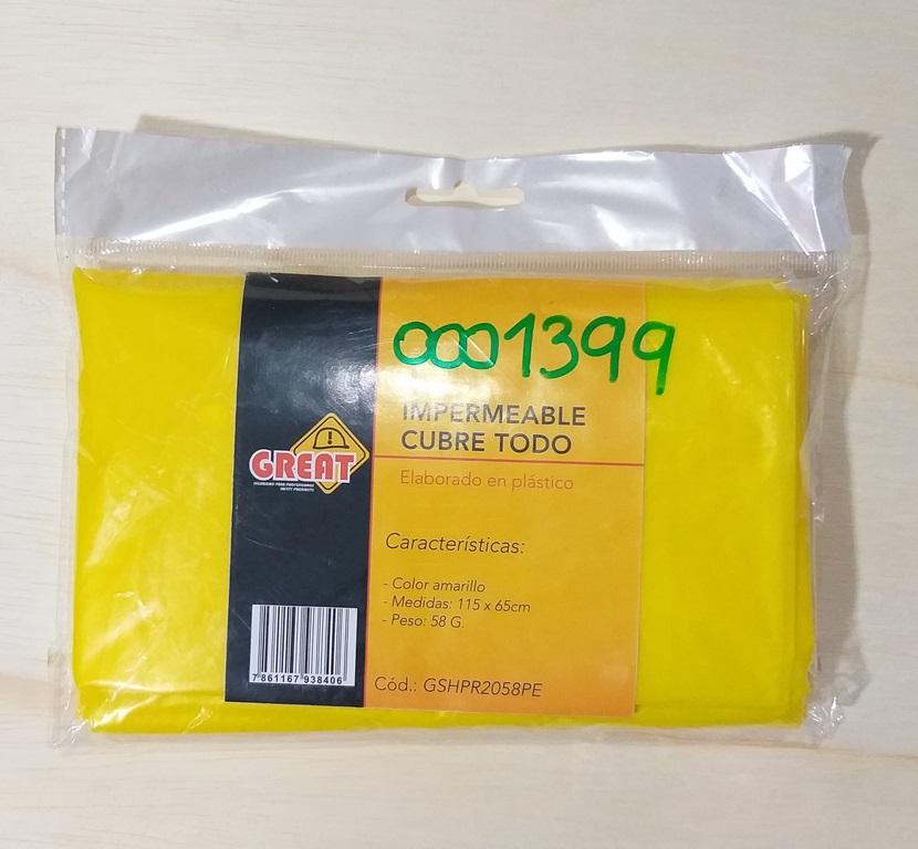 IMPERMEABLE PLAST. CUBRETODO GREAT C/AMARILLO 115X65CM 58G T/PONCHO
